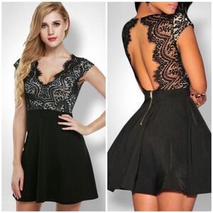 Zeagoo Small V-Neck Lace Open Back Nude Illusion Skater Cocktail Party Dress